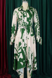 Elegant Print Patchwork With Belt Turndown Collar Irregular Dresses