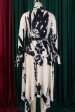 Elegant Print Patchwork With Belt Turndown Collar Irregular Dresses