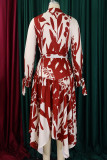 Elegant Print Patchwork With Belt Turndown Collar Irregular Dresses