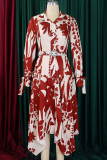 Elegant Print Patchwork With Belt Turndown Collar Irregular Dresses