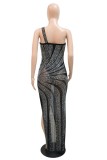 Sexy Patchwork Backless Slit Hot Drill Oblique Collar Long Dresses