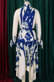 Elegant Print Patchwork With Belt Turndown Collar Irregular Dresses