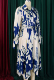 Elegant Print Patchwork With Belt Turndown Collar Irregular Dresses
