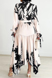 Elegant Print Patchwork With Belt Turndown Collar Irregular Dresses