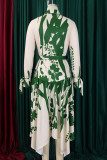 Elegant Print Patchwork With Belt Turndown Collar Irregular Dresses