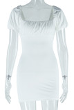 Casual Solid Color Backless Belted Square Neck Short Sleeve Short Sleeve Dress