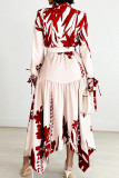 Elegant Print Patchwork With Belt Turndown Collar Irregular Dresses
