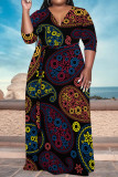 Casual Geometric Print Lace Up Contrast V Neck Printed Plus Size Dresses