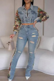 Casual Print Pocket Buckle Patchwork Zipper Turndown Collar Long Sleeve Two Pieces