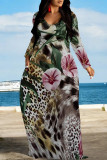 Elegant Butterfly Print Leopard Pocket Contrast V Neck Printed Dresses