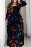 Casual National Totem Print Pocket Contrast O Neck Printed Plus Size Dresses