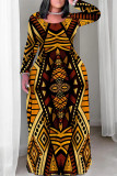 Casual National Totem Print Pocket Contrast O Neck Printed Plus Size Dresses