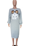 Casual Print Patchwork Beading O Neck Long Dresses
