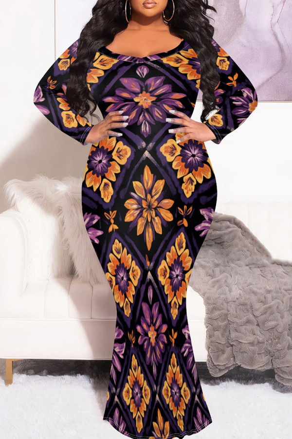 Casual Print Patchwork O Neck Long Plus Size Dresses