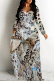 Elegant Butterfly Print Leopard Pocket Contrast V Neck Printed Dresses