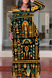 Casual National Totem Print Pocket Contrast O Neck Printed Plus Size Dresses