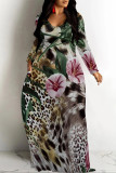 Elegant Butterfly Print Leopard Pocket Contrast V Neck Printed Dresses