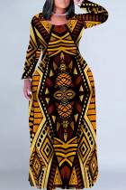 Casual National Totem Print Pocket Contrast O Neck Printed Plus Size Dresses
