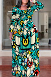 Casual National Totem Print Pocket Contrast O Neck Printed Plus Size Dresses