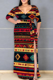 Casual Print Patchwork Slit Strap Design V Neck Long Plus Size Dresses