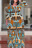 Casual National Totem Print Pocket Contrast O Neck Printed Plus Size Dresses