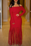 Casual Solid Color Fringed Trim Patchwork Off Shoulder Long Dresses