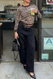 Casual Leopard Print Buckle Patchwork O Neck Tops