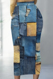 Casual Faux Denim Print Contrast Regular High Waist Full Print Bottoms