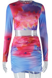 Sexy Print Patchwork O Neck Long Sleeve Two Pieces