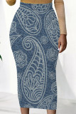 Casual Faux Denim Print Contrast Regular High Waist Full Print Bottoms