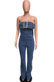 Sexy Solid Color Hollow Out Patchwork Zipper Strapless Regular Denim Jumpsuits