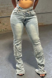 Casual Solid Color Pocket Buttons Patchwork Zipper High Waist Regular Denim Jeans