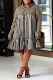 Casual Solid Color Draw String Patchwork Hooded Long Plus Size Dresses