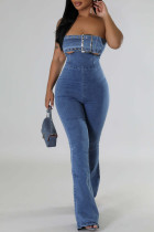 Sexy Solid Color Hollow Out Patchwork Zipper Strapless Regular Denim Jumpsuits