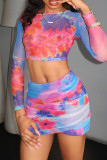 Sexy Print Patchwork O Neck Long Sleeve Two Pieces