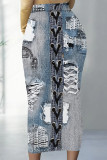 Casual Faux Denim Print Contrast Regular High Waist Full Print Bottoms