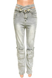 Casual Solid Color Pocket Buttons Patchwork Zipper High Waist Regular Denim Jeans