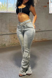 Casual Solid Color Pocket Buttons Patchwork Zipper High Waist Regular Denim Jeans