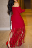 Casual Solid Color Fringed Trim Patchwork Off Shoulder Long Dresses