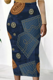 Casual Faux Denim Print Contrast Regular High Waist Full Print Bottoms