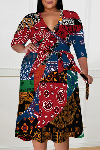 Casual Floral Print Lace Up Contrast V Neck Printed Plus Size Dresses