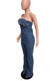 Sexy Solid Color Hollow Out Patchwork Zipper Strapless Regular Denim Jumpsuits
