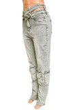 Casual Solid Color Pocket Buttons Patchwork Zipper High Waist Regular Denim Jeans