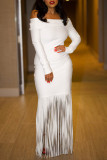 Casual Solid Color Fringed Trim Patchwork Off Shoulder Long Dresses