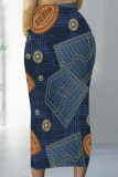 Casual Faux Denim Print Contrast Regular High Waist Full Print Bottoms
