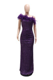 Sexy Formal Patchwork Sequins Feathers Oblique Collar Long Dresses