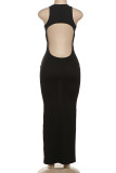 Elegant Solid Color Patchwork Backless O Neck Long Dresses