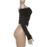 Sexy Solid Color Patchwork Ruched Asymmetrical Collar Tops
