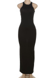 Elegant Solid Color Patchwork Backless O Neck Long Dresses
