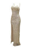 Sexy Solid Color Sequins Backless Slit Ruched Spaghetti Strap Long Dresses